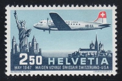 Suiza 1947 MNH Mi 479 Sc C42 Douglas DC-4.Ginebra-Nueva York 1er vuelo ** - Imagen 1 de 2