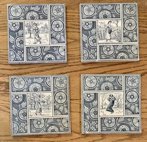 Orig. Set of 4 Kate Greenaway Antique T & R Boote Tiles ~  Seasons ~ 1881 ~ RARE Cover