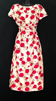 Vestido floral rojo blanco vintage años 50, rosas de seda manga corta pin-up cambio S Foto 1 de 4