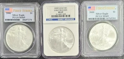 2006, 2008 & 2010 AMERICAN EAGLE SILVER DOLLAR PCGS/NGC- MS 69 - Image 1 of 2