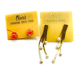 CLAIRES Vintage Earrings Lot of 2 Pierced Peach Rose Studs Stimulated Pearl Drop - Picture 1 of 5