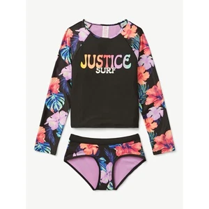 Justice Girls Retro Surf LS Rashguard Swimsuit Set- Black-Large (12/14)-NWT - Picture 1 of 2