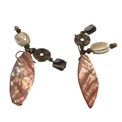 Natural Abalone Shell Mother of Pearl Dangle Drop Earrings Handmade LONG! 1960's - Image 1 of 4
