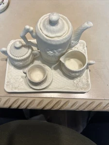 8 Piece Mini Tea Set White Bisque Floral Print. Complete Set With Lids. Used - Picture 1 of 8