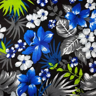 Tela negra tropical con estampado hawaiano azul real floral poli algodón 58" por yarda Foto 1 de 4