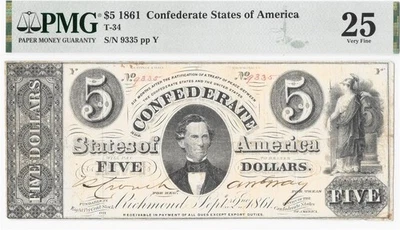 T-34 1861 $5 Confederate REOEIVABLE Error PF-6 PMG VF25 Nr Choice Watermark CC - Image 1 of 4