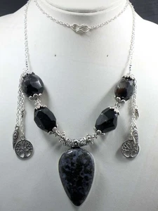 Awesome Merlinite Black Onyx 925 Silver Plated Beaded Necklace 24" GW - Picture 1 of 3