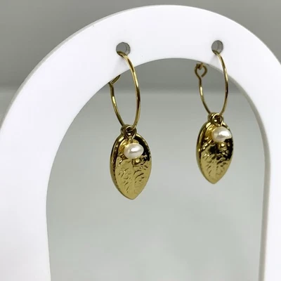 Seconds Sale | Freshwater Pearl Gold Plated Stainless Leaf Huggie Hoop Earrings - image 1 of 4