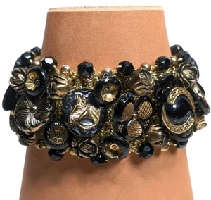Vintage Miriam Haskell Glass Button Bracelet Black And Gold 6" Stretch Woven - Picture 1 of 15
