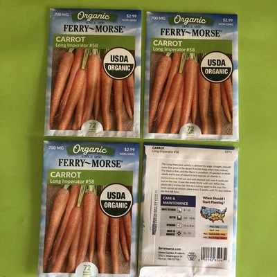 4 paquetes Semillas de Zanahoria - ☼ Semillas de Jardín Orgánicas FERRY-MORSE, NUEVAS - Embaladas para 2025 Foto 1 de 3