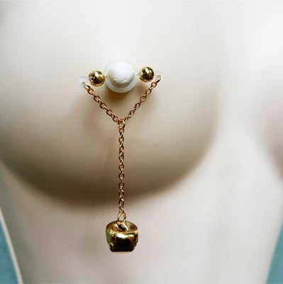 Fake Nipple Piercings with Jingle Bells, Non Piercing Nipple Jewelry Silver Gold - Image 1 of 4