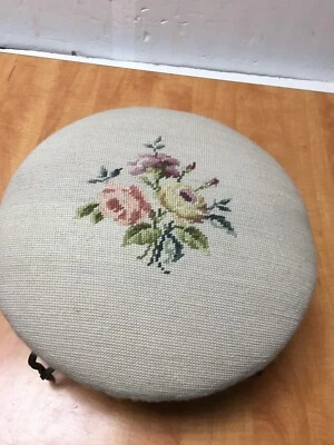 Vintage Needlepoint Flowers Round Footstool Cast Iron Legs  15"x8" Tall - Image 1 of 4