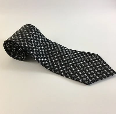 Jones New York 真丝男式领带 ~ 黑银几何图案 ~ 手工制作 — 第 1/4 张图片