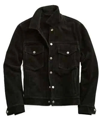 Black Suede Leather Trucker Jacket for Men Denim Jean Style Biker Jacket Unlined - Image 1 of 4