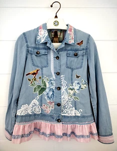 Upcycled Denim Blue Jeans Shacket P12 Shabby Chic Applique Lace Ruffle OOAK BoHo - Picture 1 of 12