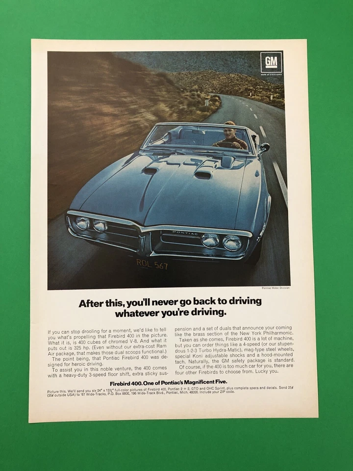 1967 PONTIAC FIREBIRD ORIGINAL VINTAGE PRINT AD ADVERTISEMENT 1 PAGE - Image 1 of 1
