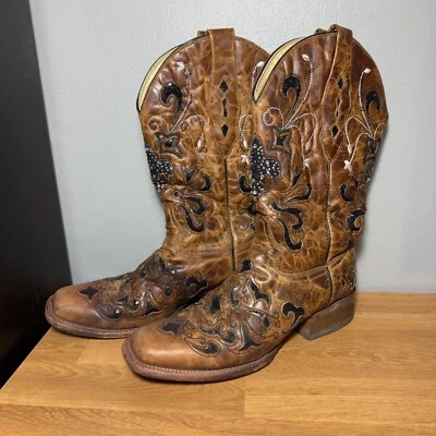 Botas de mujer Corral vintage talla 8,5 m con cuero vaquero marrón flor de lis Foto 1 de 4