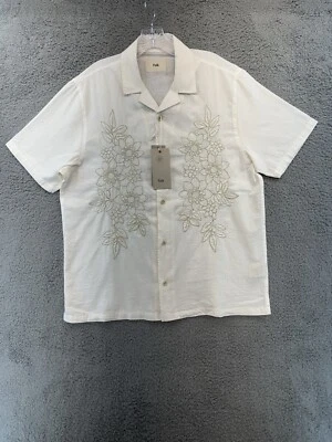 Folk Clothing Shirt Mens L Ivory Short Sleeve Button Linen Blend Hawaiian Floral - Image 1 of 4