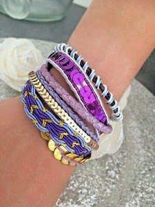  idée cadeau BRACELET brézilien VIOLET SIMILI CUIR PERLE FERMETURE aimanté - Picture 1 of 2