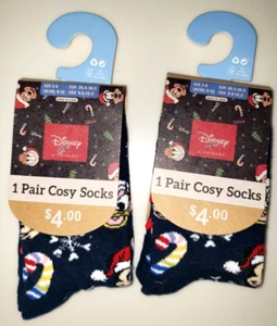 2 PAIR COZY SOCKS DISNEY BOYS GIRLS AGES 3/6 YEARS MICKEY CANDY CANE BLUE - Picture 1 of 1