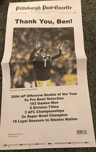 Pittsburgh Steelers Ben Roethlisberger Post Gazette 1-2-22 Thank You, Ben Cover - Picture 1 of 1