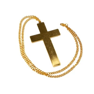 Gold Cross Necklace Metal Look Pendant Fancy Dress Nun Monk Vicar Accessory - Picture 1 of 2