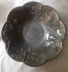 LARGE 15" VINTAGE LENOX ALUMINUM PEWTER BOWL ENGRAVED FRUIT FLORAL DESIGN - Picture 1 of 9