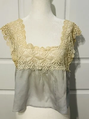 Antiguo Corsé Cubierta Tanque Eduardiano Azul Seda y Marfil Crochet Encaje Contraste Foto 1 de 4
