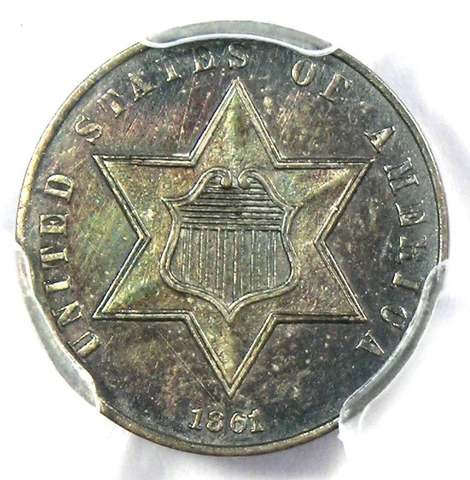 1861 Three Cent Silver Coin 3CS - Certified PCGS Uncirculated Details (UNC MS) Cover