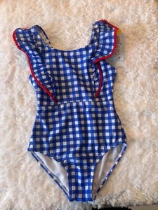 Cat & Jack Girls One Piece Swim Suit Plaid Blue White Red Trimmings Size S (6-7) - Picture 1 of 4