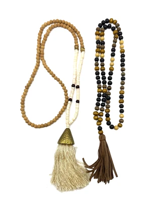 Lote 2 Collar Bohemio con Concha y Madera Cuentas Borla Flecos Marrón Blanco Foto 1 de 4