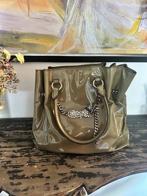 Valentino Khaki Patent Leather Tote Bag with Rhinestone Leopard. Shoulder Handle - Image 1 of 4