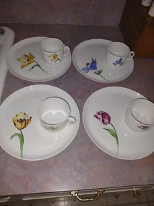 4 Vignaud France Snack Plates and Matching Cups --- Flowers - Picture 1 of 6