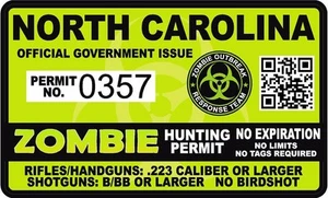 Calcomanía de unidad de brote de 4""x2,4"" con permiso de caza de zombis de Carolina del Norte - Imagen 1 de 1