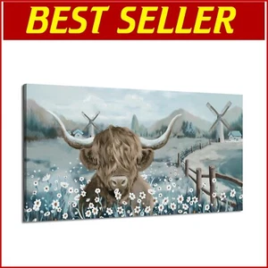 Large Highland Cow Wall Art Canvas Print - Rustic Farmhouse 48x24 Inches - Picture 1 of 10