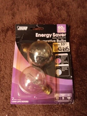 2 Feit Energy Saving 60W Candelabra Base G16.5 Bulbs - Image 1 of 2
