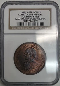 1959 Alberty Collis Copper Restrike Token NGC MS63 RB Washington Born Virginia - Picture 1 of 11