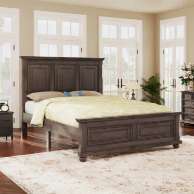 Full/Queen/King Platform Bed with Headboard and Footboard Vintage Wood Bed Frame - Image 1 of 4