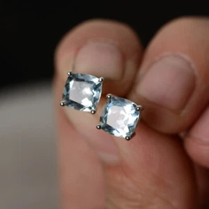 Aquamarine Cushion Cut Gemstone 925 Sterling Silver Women Designer Stud Earrings - Picture 1 of 7