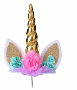 Unicorn Theme Gold Horn Cake Topper Birthday Party Girl Cute Pastel Ninas Flower - Picture 1 of 3