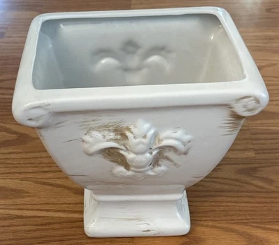 Ceramic French Country Fleur De Lis Urn Vase Planter Centerpiece Distressed - Image 1 of 4