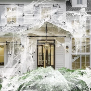 1200 Sqft Halloween Webs & 50Pcs Fake Spiders Super Stretch Cobwebs Halloween - Picture 1 of 12