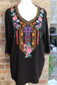 Boho stark bestickt No Name V-Ausschnitt Tunika Top schwarz Viskose 3/4 Arm Gr. S - Bild 1 von 14