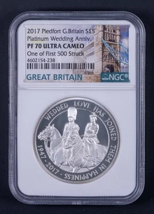 2017 Piedfort UK Platinum Wedding £5 Silver Proof NGC PF70 U-Cam 1st 500 RB238 - Picture 1 of 2