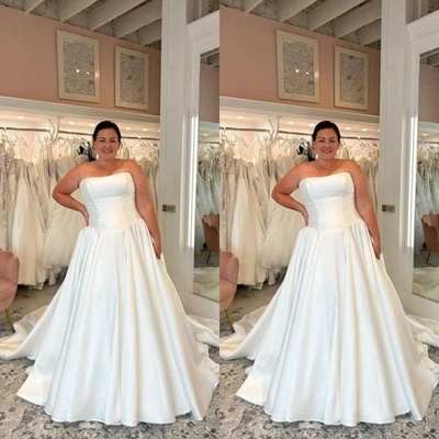 Vestidos de noiva Elegangt cetim sem alças linha A plus size varredura trem vestido de noiva - Imagem 1 de 4