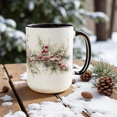 Snowy Winter Pine Berry Mug, Christmas Garland Ceramic Cup, Holiday Coffee Mug - Image 1 of 3