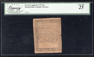 PA-211 APRIL 10, 1777 6d SIX PENCE PENNSYLVANIA COLONIAL NOTE LEGACY VF-25 - Picture 1 of 2