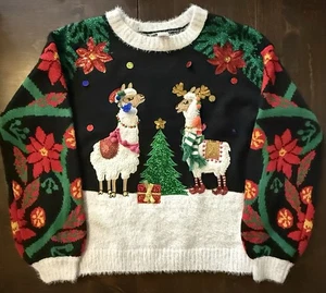Happy Llama Days Ugly Christmas Sweater Women XL 3D Accents Sequins Metallic - Picture 1 of 6