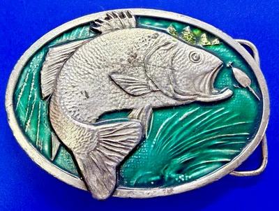 Large Mouth 3D Fish Bass Trout Fishing Fisherman 1977 Bergamot Belt Buckle X-144 - Image 1 of 4