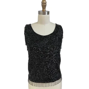 Vintage 1950s Marianne Fashions Black Beaded Wool Shell NWT Fringe Hong Kong L - Picture 1 of 6